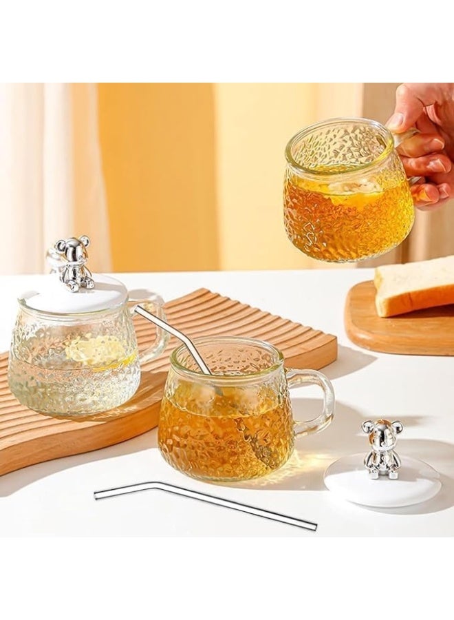 كوب زجاج حراري شفاف بغطاء ومقبض – مج مزخرف بنقشة مطرقة مع غطاء محكم ومقبض مريح، مناسب للقهوة والشاي والعصائر والحليب والحلويات، كوب زجاج مقاوم للحرارة للاستخدام اليومي والهدايا المنزلية الأنيقة - Image 2