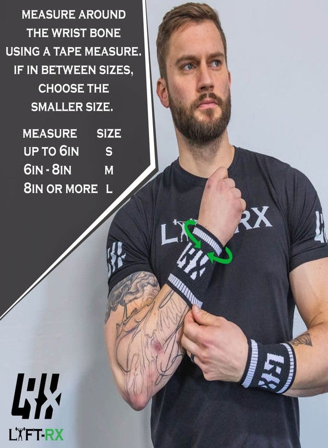 LYFT-RX Wrist Sweatbands, Slim Fit Design for Weightlifting, Gym, Workout, Cross Training, Weight Lift, Sports, 4.5 inch Sweat Wicking Wrist Bands, Men & Women, 2 Pairs - Black/White Large - Image 5