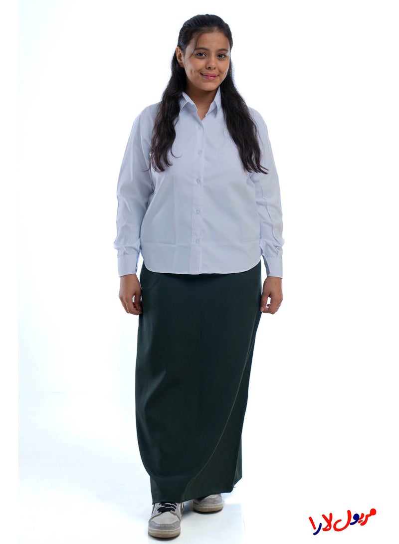 مريول لارا تنورة مدرسية متوسطة زيتي طويلة – زي مدرسي بناتي محتشم للمرحلة المتوسطة (قطعة واحدة) - Image 1