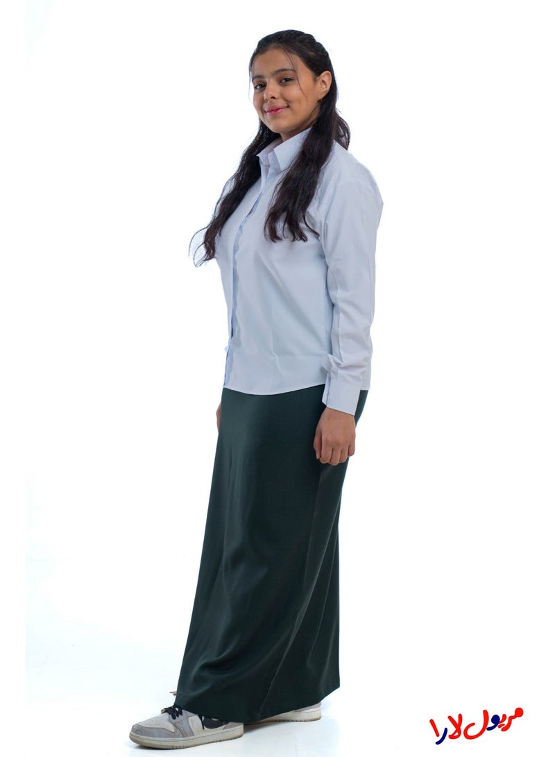 مريول لارا تنورة مدرسية متوسطة زيتي طويلة – زي مدرسي بناتي محتشم للمرحلة المتوسطة (قطعة واحدة) - Image 3