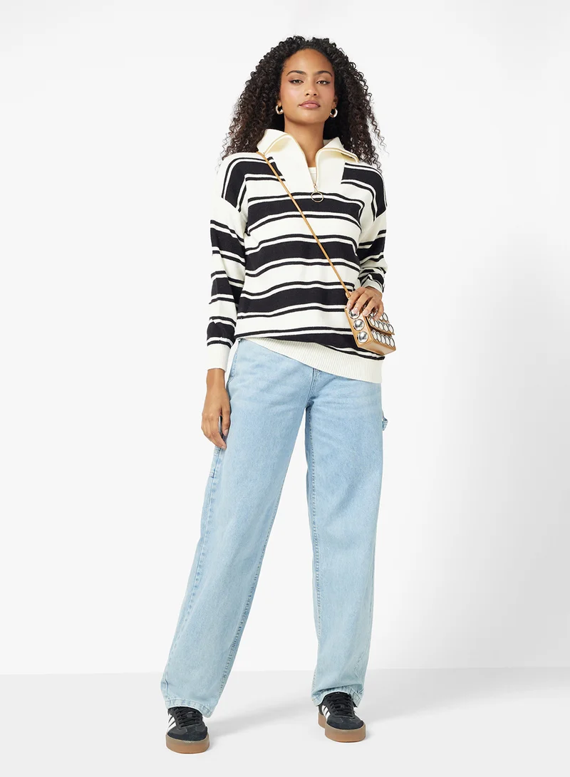 Ginger Half Zip Up Varsity Style Stripe Knitwear