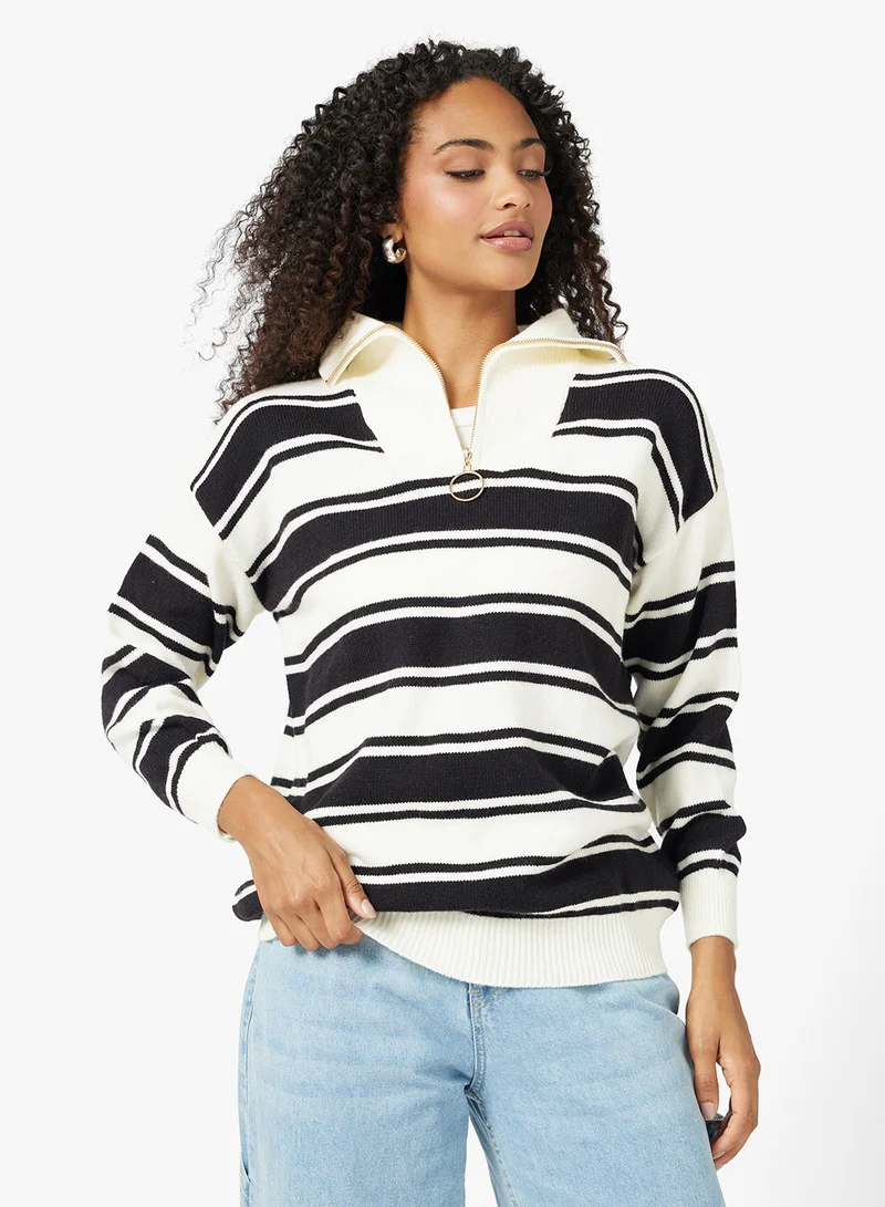 Ginger Half Zip Up Varsity Style Stripe Knitwear