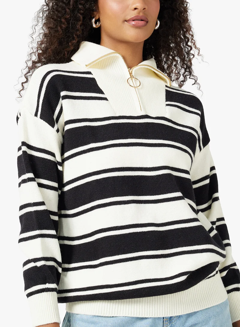 Ginger Half Zip Up Varsity Style Stripe Knitwear