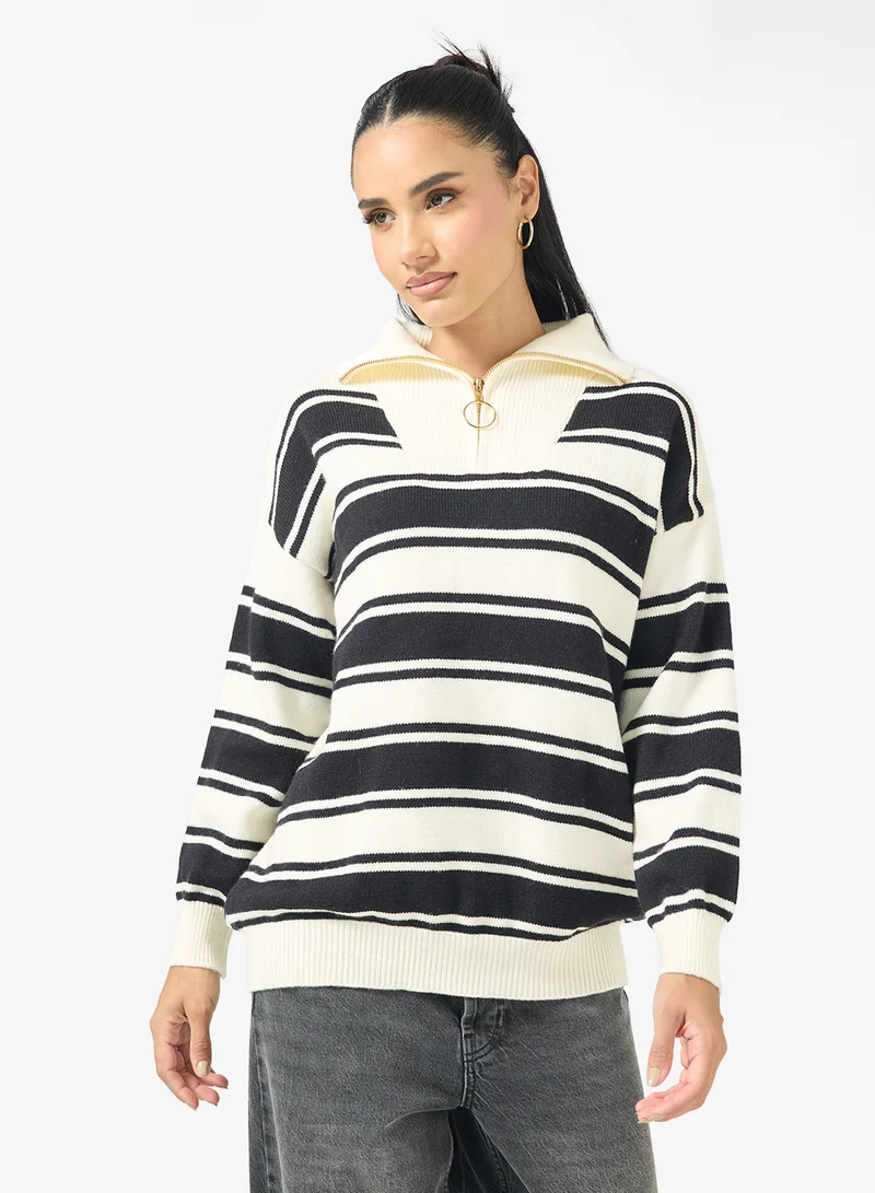 Ginger Half Zip Up Varsity Style Stripe Knitwear