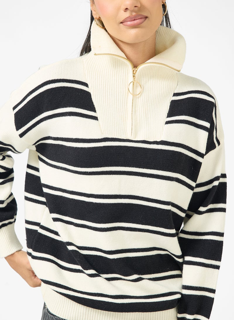 جينجر سترة صوفية بنمط جامعي بسحاب نصفي وخطوط - Image 3