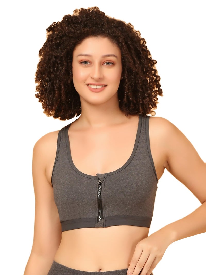 Mysha Women's Sports Bra Cotton Non Padded Wirefree Full Coverage Zipper Front Closure Broad Strap High Support Racer Back Gym/Workout/Fitness/Yoga/Running/Exercise Bra, Grey - Image 1