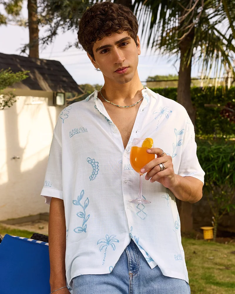 بيواكوف Men's White All Over Printed Oversized Shirt