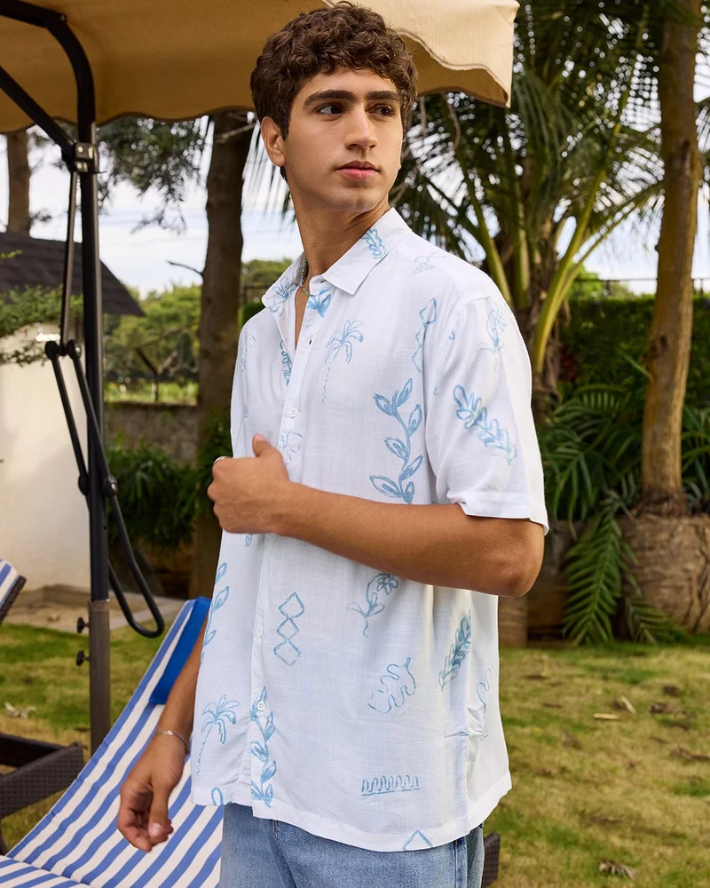 بيواكوف Men's White All Over Printed Oversized Shirt