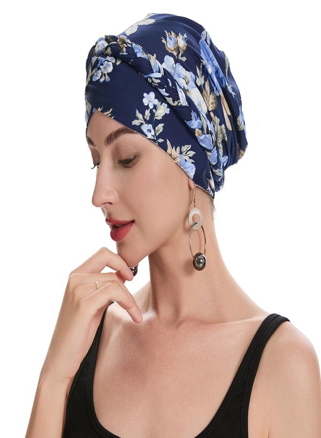 ZLYC Chemo Headwear Pre Tied Turban Headwrap Lightweight Beanie Hat for Women, Braid Floral Navy - Image 1