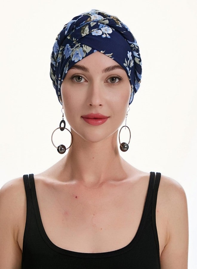 ZLYC Chemo Headwear Pre Tied Turban Headwrap Lightweight Beanie Hat for Women, Braid Floral Navy - Image 2