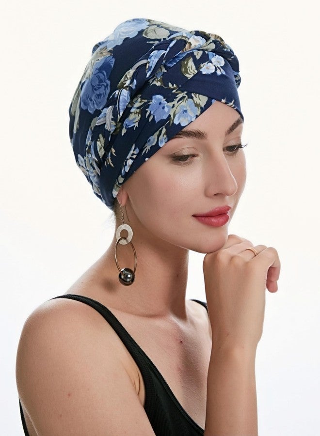 ZLYC Chemo Headwear Pre Tied Turban Headwrap Lightweight Beanie Hat for Women, Braid Floral Navy - Image 3