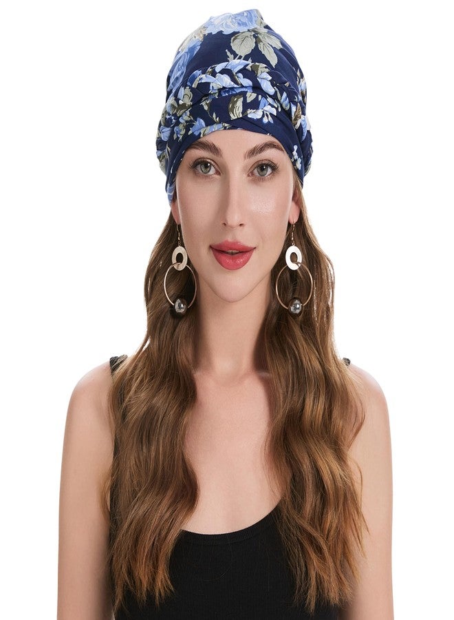 ZLYC Chemo Headwear Pre Tied Turban Headwrap Lightweight Beanie Hat for Women, Braid Floral Navy - Image 4
