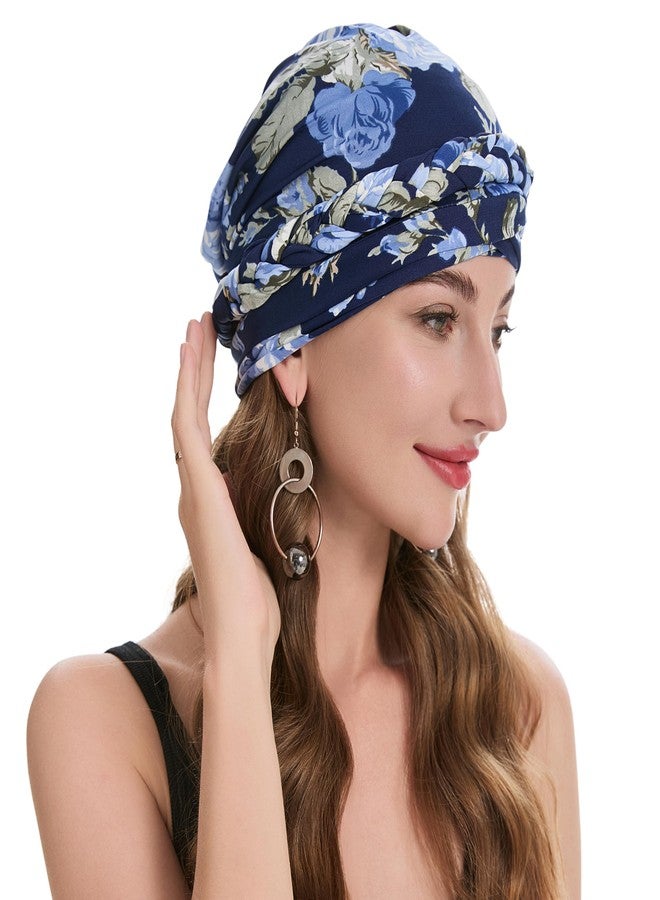 ZLYC Chemo Headwear Pre Tied Turban Headwrap Lightweight Beanie Hat for Women, Braid Floral Navy - Image 5