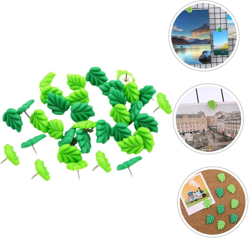 TEHAUX 30 قطعة من الدبابيس الزخرفية على شكل ورقة الشجر، دبابيس خضراء للوحة الإعلانات المكتبية - Image 4