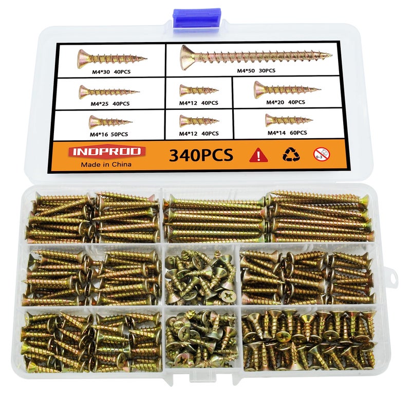 Indprod M4 Flat Head Wood Screws Assortment Kit 340 Pcs,Phillips Drive Countersunk Flat Head Self-Tapping Wood Screws,Yellow Zinc Plated Finish Screw Kit,Self Tapping Screws for Metal,Full Thread - Image 1