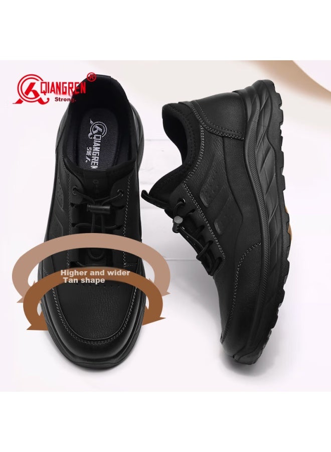 Strongman Qiangren Fashion Sports Leather Shoes With Elastic Band, Casual Men's Shoes With Widened Design To Prevent Pinching Feet Jda73296 Black Size 44 - Image 1