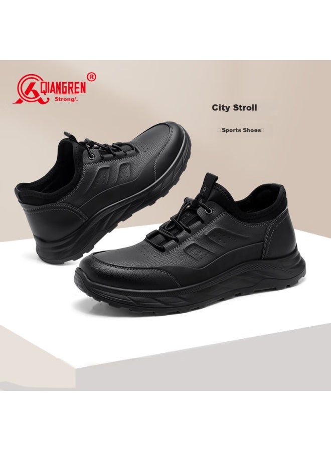 Strongman Qiangren Fashion Sports Leather Shoes With Elastic Band, Casual Men's Shoes With Widened Design To Prevent Pinching Feet Jda73296 Black Size 44 - Image 5