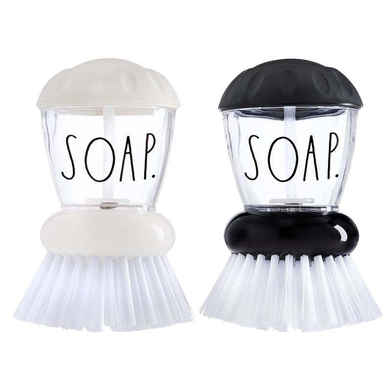 Rae Dunn Collection Soap Dispensing Dish Brush Set  Set of 2 Palm Brush Dish Scrubber with 2 Replacement Brush Heads