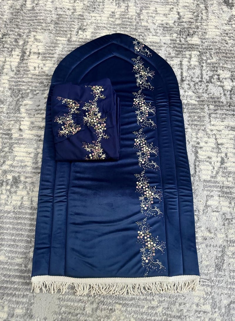 Brides Prayer rug set with embroidered scarf - navy blue - Image 1