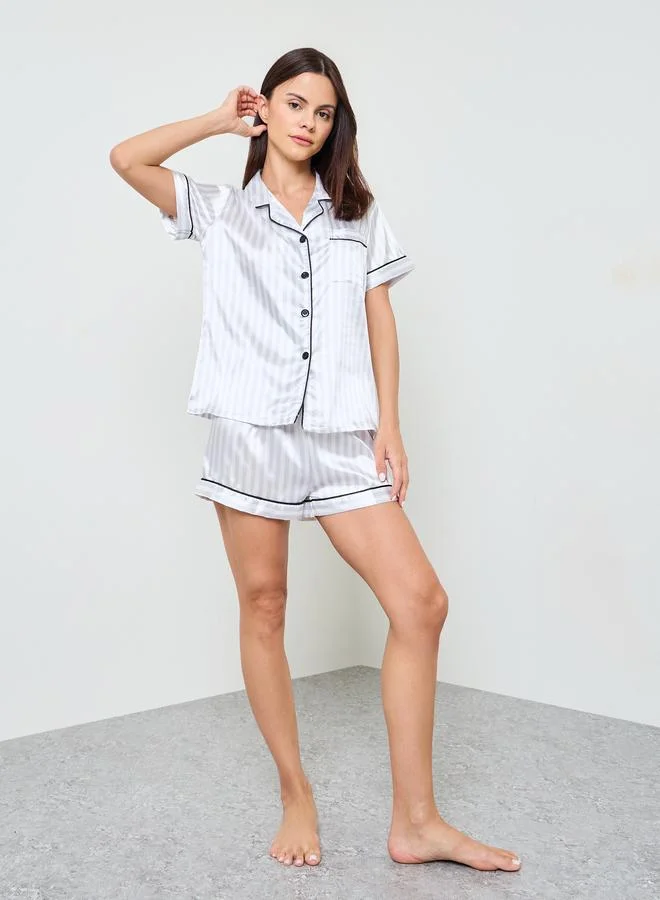 تايك تو Multi-Color Striped Satin Shirt and Shorts Pajama Set