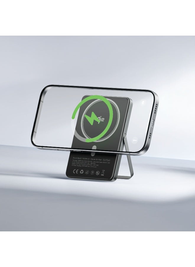 GREEN LION 10000mAh Compatible with MagSafe Power Bank, PD 20W, Up to 15W Wireless Charge with Foldable Stand / ABS Material - Black - Image 2