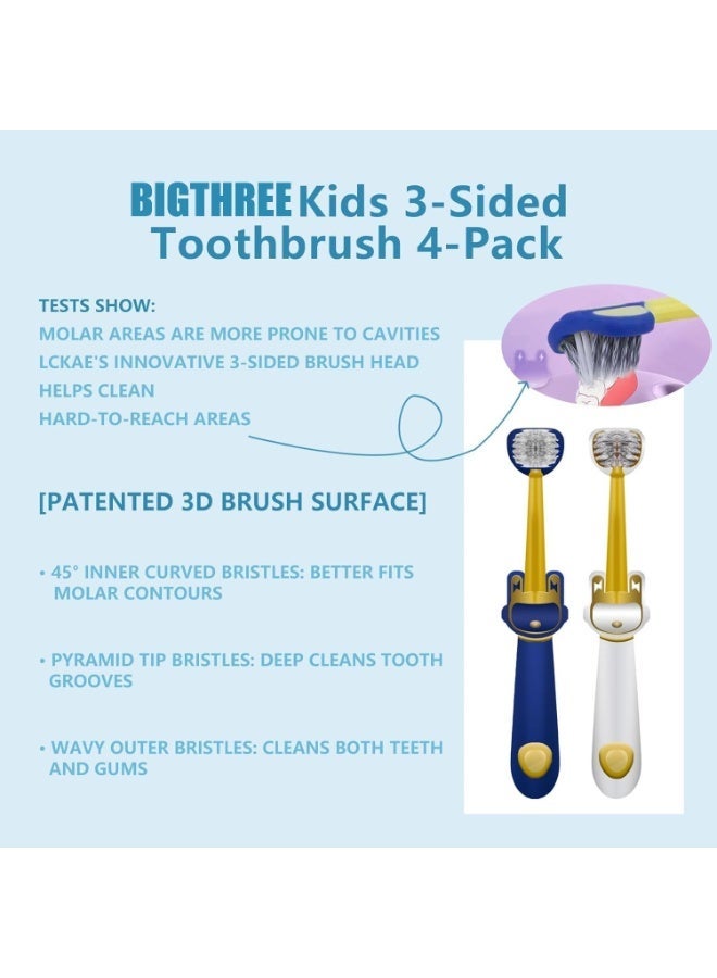 BIGTHREE 4 PCS Three-Sided Toothbrush with Soft Bristles, 360° Soft Bristles for Ages 3-12, BPA-Free, Fun Space Design for Home & Travel, for Camping, Hiking, School (4-Pack, Blue/White) - Image 3