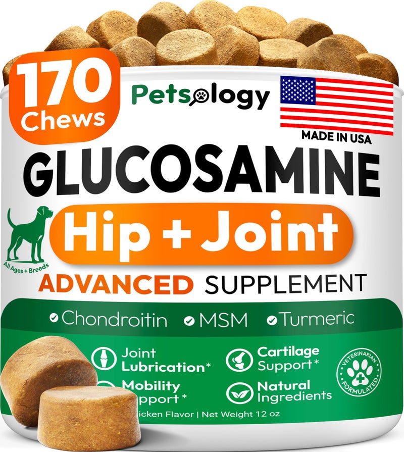 Petsology Glucosamine for Dogs - Hip and Joint Supplement for Dogs - 170 Mobility Chews - Glucosamine Chondroitin - MSM - Turmeric - Joint Pain Relief - Advanced Support for Dog Health - Made in USA - Image 1