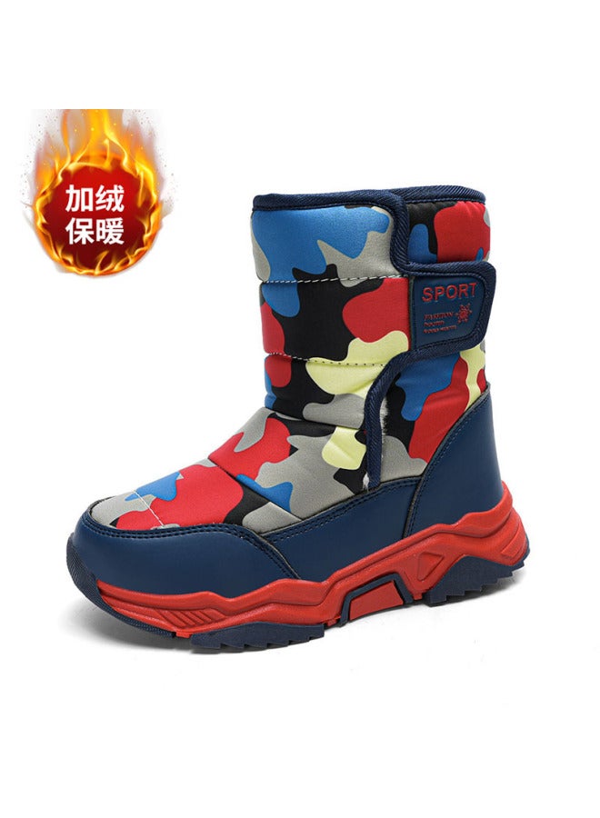 Of Children's Snow Boots, Mid-to-large Size Children's Winter Fleece-lined Warm Cotton Shoes, High-top Camouflage Children's Big Cotton Boots