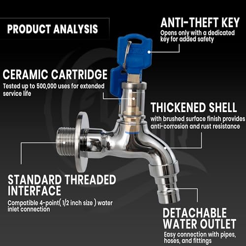 KINIK Lockable Water Tap with Key | Brass Pillar Cock with Hose Nozzle | Anti-Theft Garden & Outdoor Faucet for Washing Machine & Home Use - Image 2