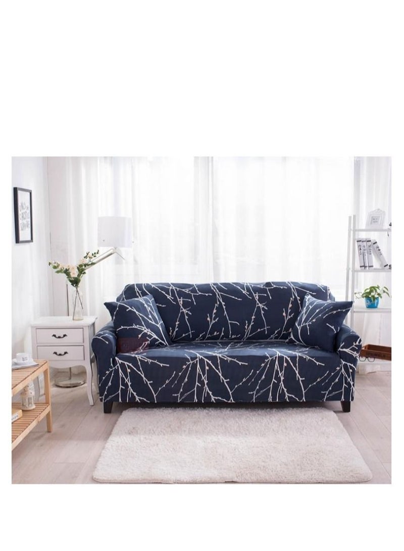 4-Seater Exquisitely Floarl Designed Wrinkle-free Anti-slip 360-degree Full Coverage Sofa Slipcover Beige/Blue Length Stretch From 235 To300cm