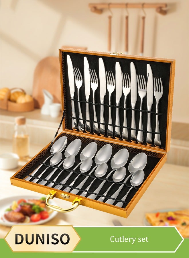 24 Piece Stainless Steel Silver Cutlery Set Including Dinner Knife Fork Spoon and Teaspoon with Fine Mirror Finish and Dishwasher Safe Silver Utensil Set with High-End Gift Box Including Knife Fork Spoon for 6 People  - Image 1