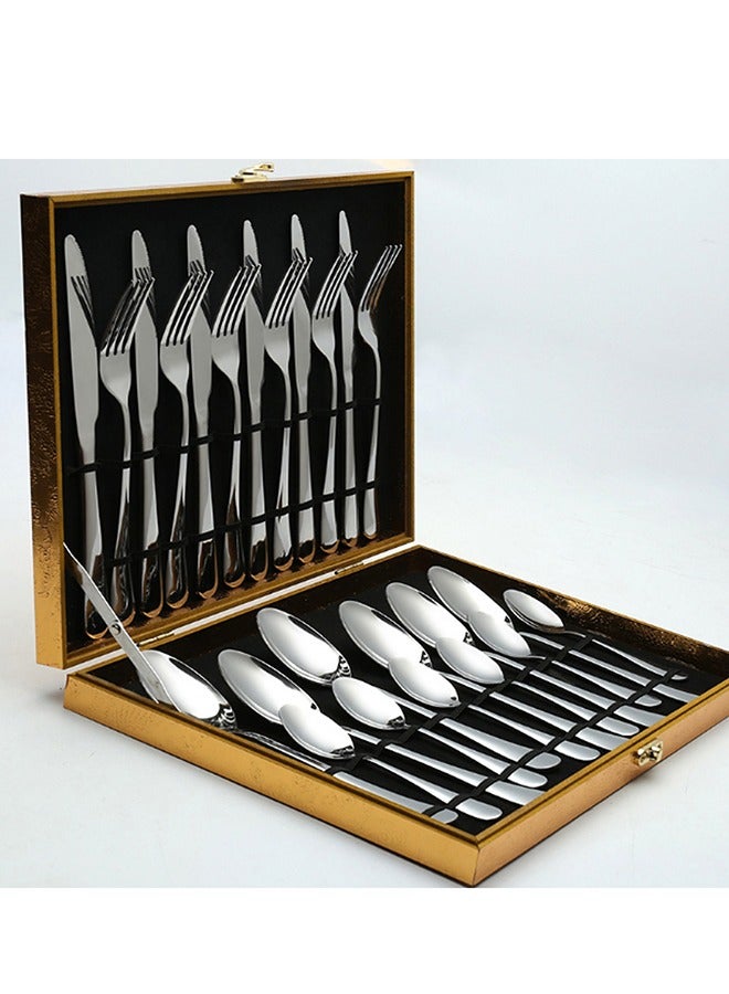 24 Piece Stainless Steel Silver Cutlery Set Including Dinner Knife Fork Spoon and Teaspoon with Fine Mirror Finish and Dishwasher Safe Silver Utensil Set with High-End Gift Box Including Knife Fork Spoon for 6 People  - Image 2