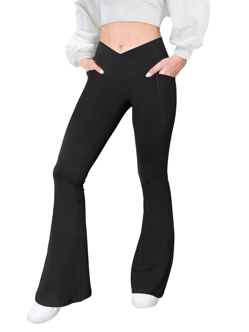 COPYLEAF Flare Leggings with Pockets for Women Seamless Crossover Yoga Pants with Tummy Control Bootcut Work Pants Trendy Black - Image 2