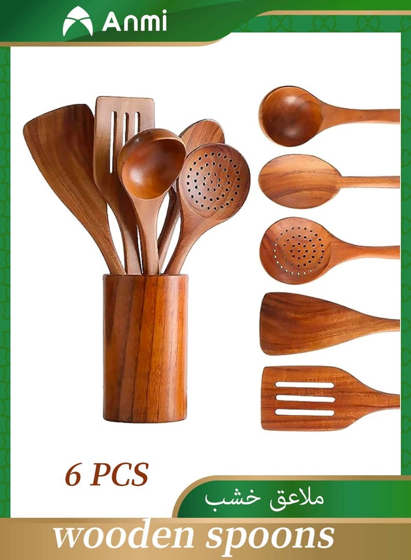 Anmi 6 PCS Wooden Spoons for Cooking, Wooden Cooking Utensils for Nonstick Cookware  - Image 1
