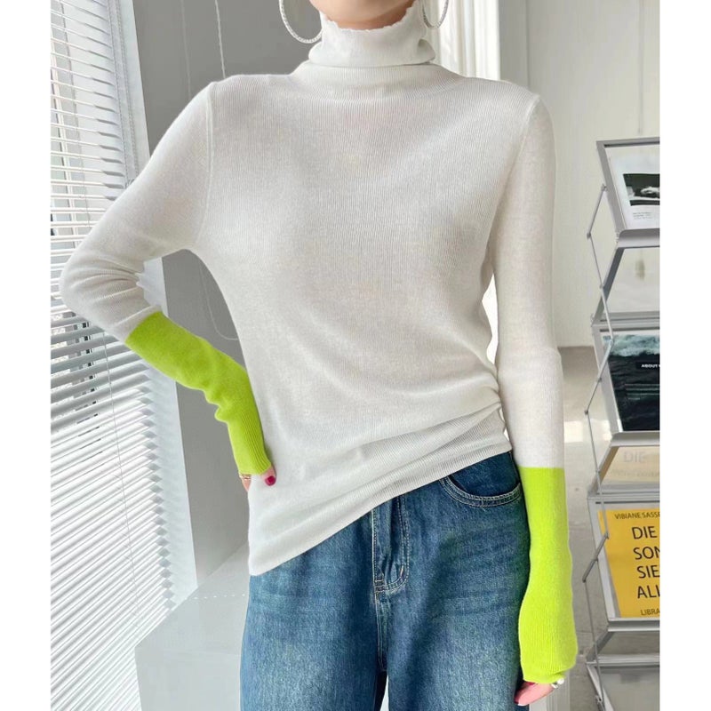 European womens clothing Station 23 new European fashionable contrast color wool candy color turtleneck knitted top sweater bottoming shirt for women Yellow K589