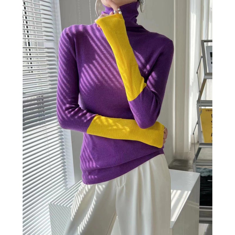 European womens clothing Station 23 new European fashionable contrast color wool candy color turtleneck knitted top sweater bottoming shirt for women Yellow K589