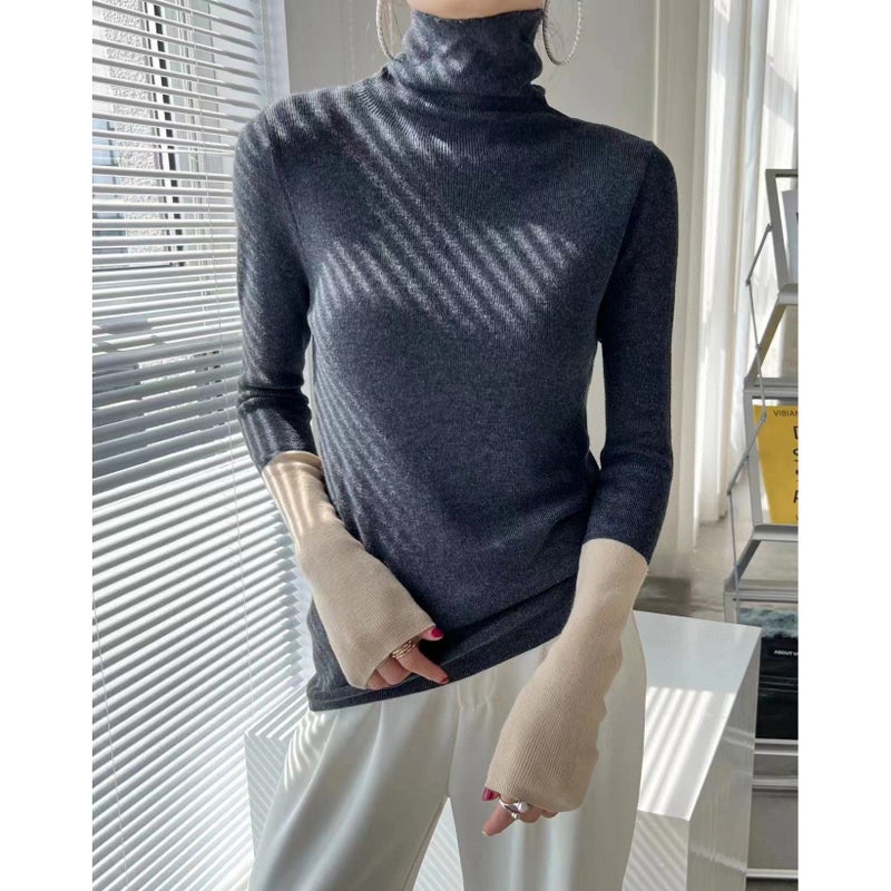 European womens clothing Station 23 new European fashionable contrast color wool candy color turtleneck knitted top sweater bottoming shirt for women Yellow K589