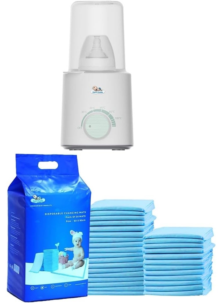 لطف وحضن مدفئ الحليب الكهربائي المحمول + فوط تغيير حفاضات الأطفال القابلة للاستخدام مرة واحدة (عبوة من 210، باللون الأزرق) – جهاز تسخين زجاجات مزدوج التسخين مع غطاء زجاجي، خالٍ من مادة BPA، مناسب للسفر + فوط حفاضات فائقة الامتصاص ومقاومة للماء مقاس 60×90 سم. - Image 1