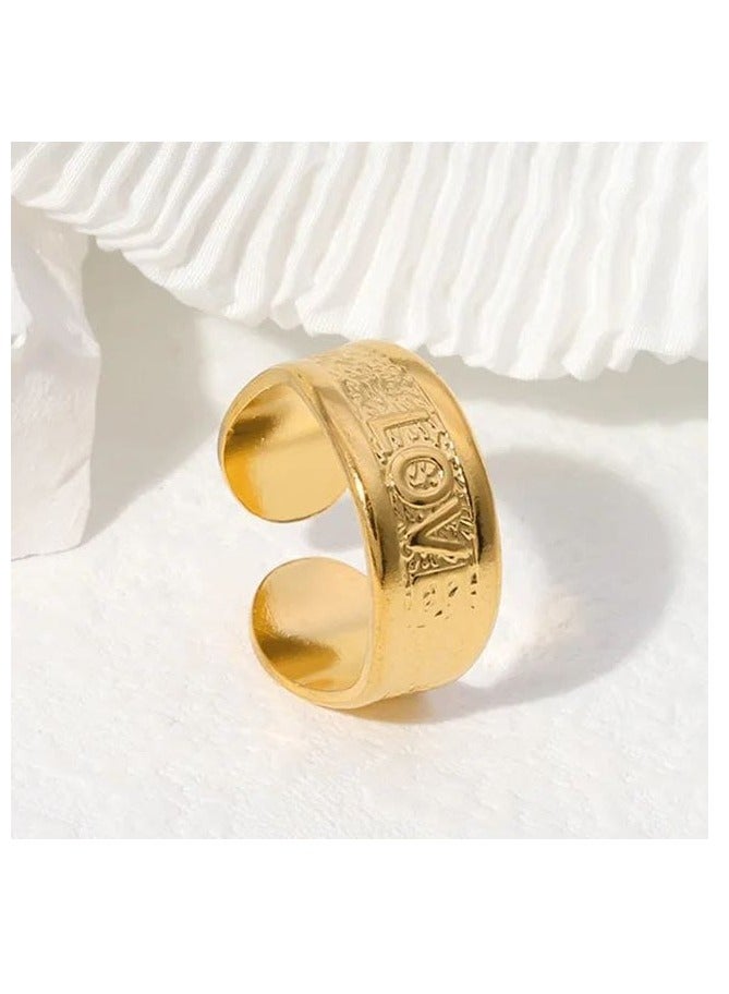Rwnq Elegant gold-tone stainless steel ring featuring an engraved "LOVE" design. Rust-resistant and perfect as a unique gift for women. A stylish accessory that enhances your everyday look with a touch of luxury and sophistication. Women’s Accessories – Stainless Steel Accessories – Jewelry – Accessories  - Image 1