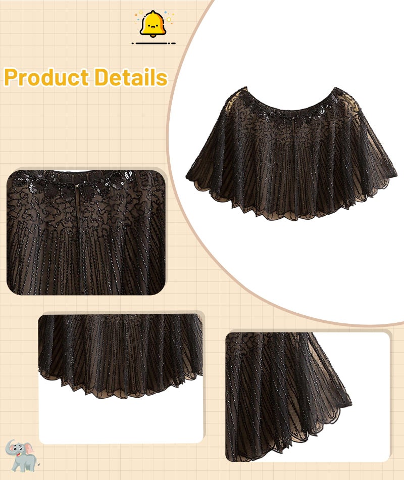 FFZDENA 1 Piece Stylish Capes for Women, Lace Cape with Sequin Details, Elegant Shrug for Weddings, Parties, and Evening Events, Perfect for Off Shoulder Dresses (Black) - Image 3