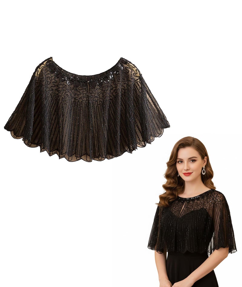 FFZDENA 1 Piece Stylish Capes for Women, Lace Cape with Sequin Details, Elegant Shrug for Weddings, Parties, and Evening Events, Perfect for Off Shoulder Dresses (Black) - Image 1