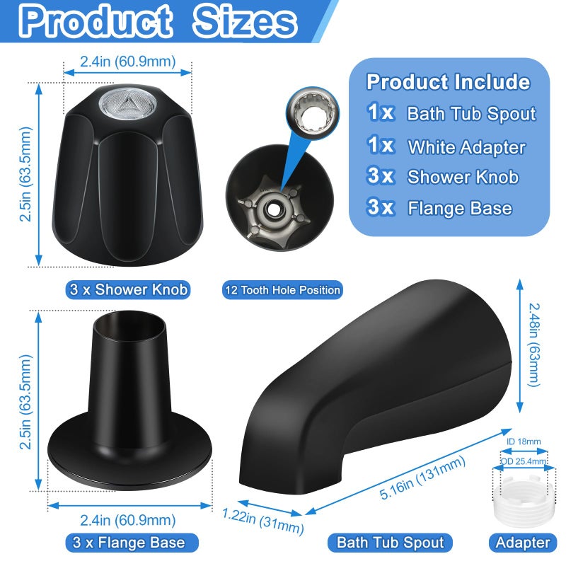 UCDETD Matte Black Bath Tub Spout Shower Trim Kit, with 3 Shower Knob, Compatible with Price/Pfister Verve Tub/Shower Faucet Handle Set, for 1/2'' Pipe MALE Thread Connection, 3/4'' IPS Pipe Inside Thread - Image 2