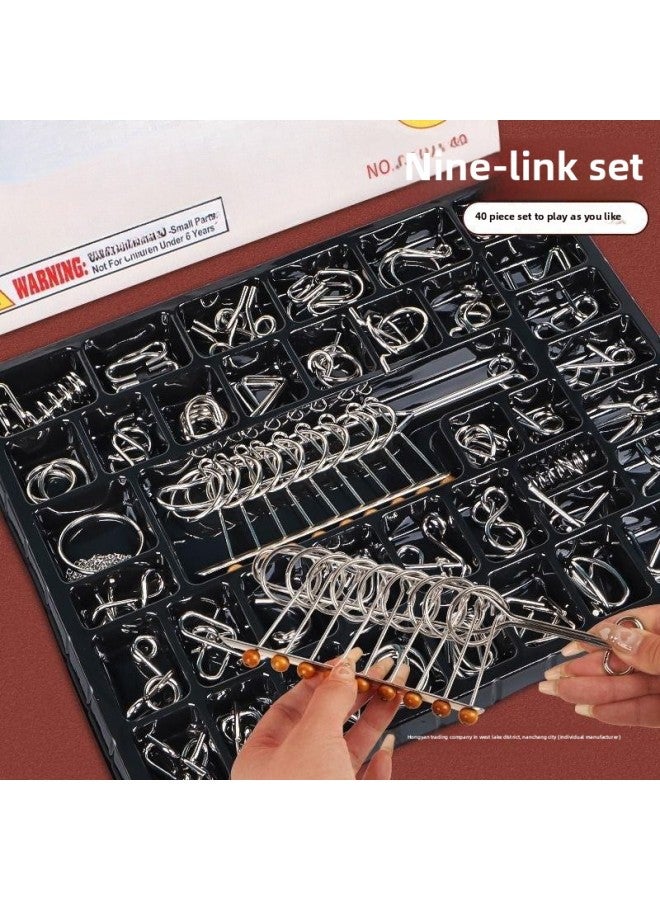 Nine-chain Intelligence Unlock Ring Release Toy Luban Lock Kongming Lock Suit Children And Primary School Students 24-piece Set-Color:Nine Links 【50-piece Declaration Set】 + Level 4 Huarong Road  - Image 2