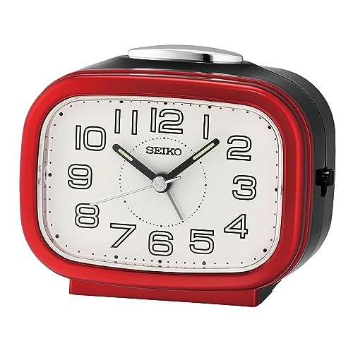Seiko Classic Rectangular Matt Finish Red Plastic Case Bell Alarm Analog LumiBrite Table Clock for Office Desk Home Decor Gifts (Size: 9.9 x 6.1 x 8.4 CM | Weight: 180 gram) QHK060RN - Image 1