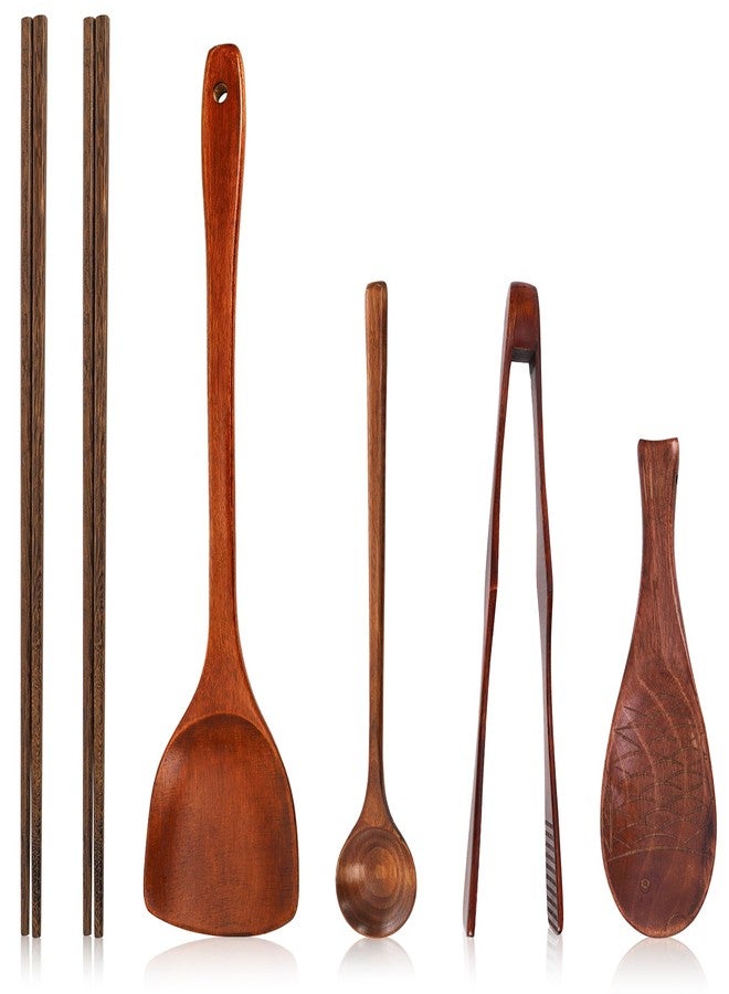 ZOOFOX 6 Pieces Wood Utensils Set, Nonstick Wood Kitchen Utensils with Japanese Style, Wooden Long Chopsticks, Spatula, Toaster Tong, Long Handle Spoon and Fish-shaped Rice Spoon for Cooking - Image 1