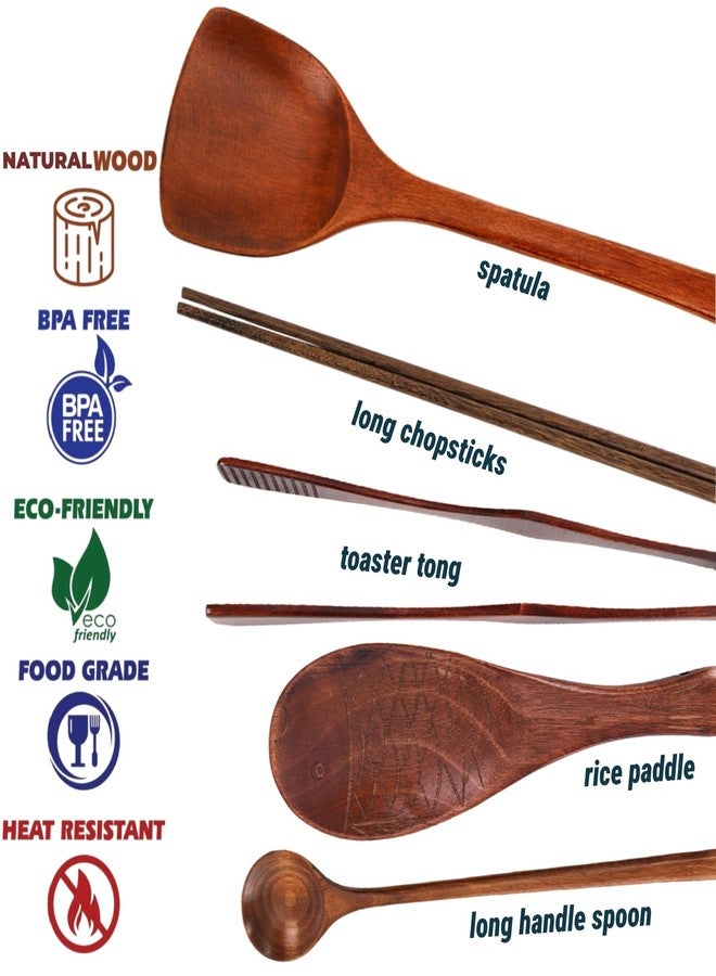 ZOOFOX 6 Pieces Wood Utensils Set, Nonstick Wood Kitchen Utensils with Japanese Style, Wooden Long Chopsticks, Spatula, Toaster Tong, Long Handle Spoon and Fish-shaped Rice Spoon for Cooking - Image 3
