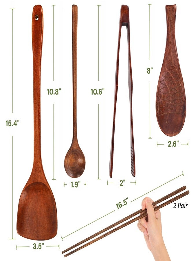 ZOOFOX 6 Pieces Wood Utensils Set, Nonstick Wood Kitchen Utensils with Japanese Style, Wooden Long Chopsticks, Spatula, Toaster Tong, Long Handle Spoon and Fish-shaped Rice Spoon for Cooking - Image 2
