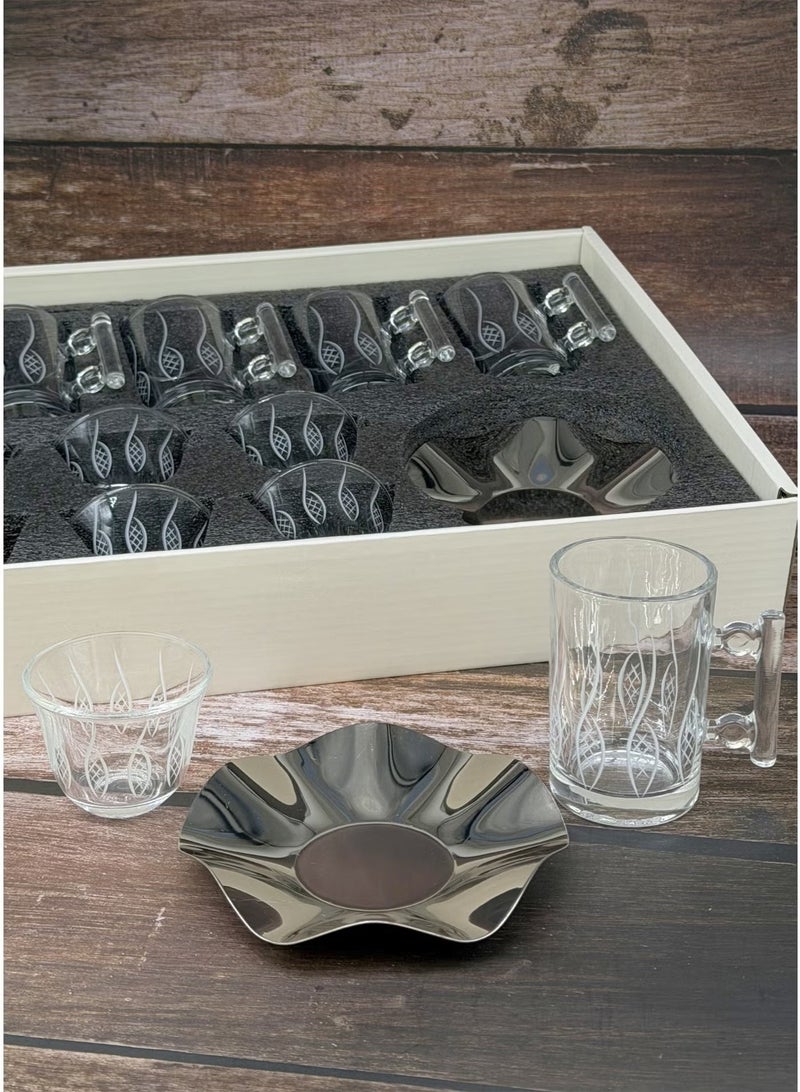 Tea and coffee cup set with stainless steel saucers, modern design, 18 pieces - Image 1