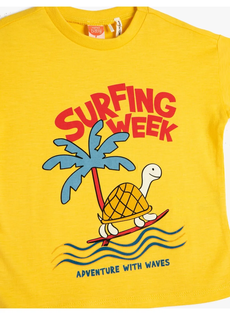كوتون T-Shirt Short Sleeve Crew Neck Turtle Printed Cotton