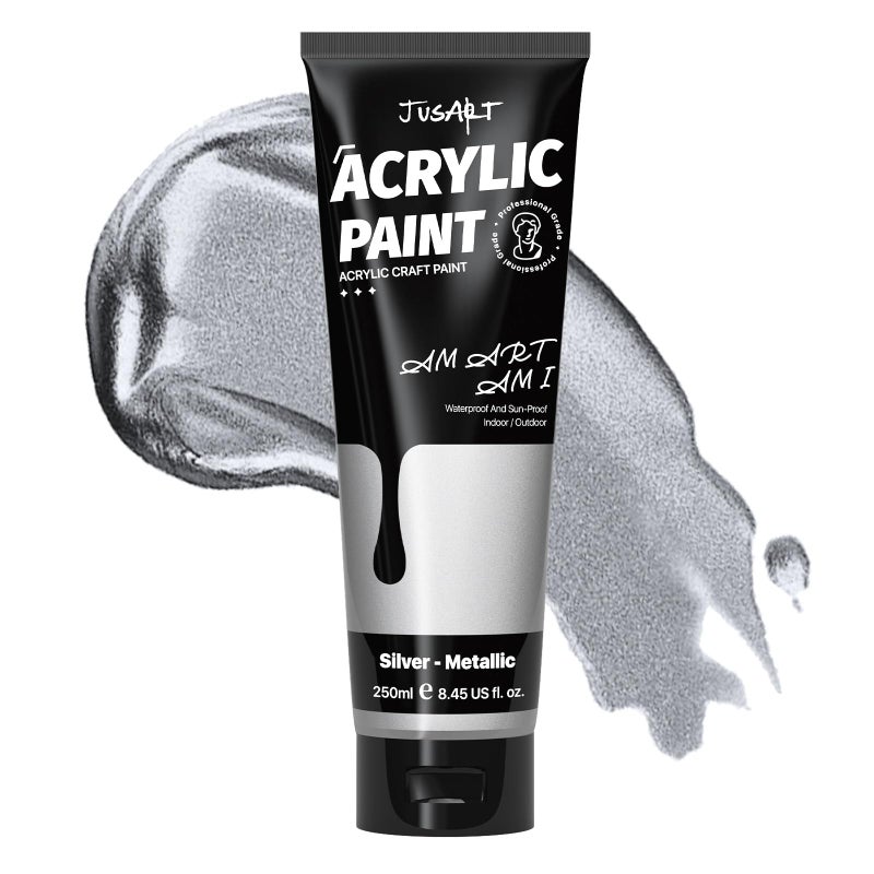JusArt Acrylic Paint Metallic Silver Tubes 250ml 845 oz Non Toxic Craft Paint No Fading Rich Pigment for Canvas Painting Wood Fabric Clay MetallicStone Ceramics Art Supplies for Artists Adults - Image 2